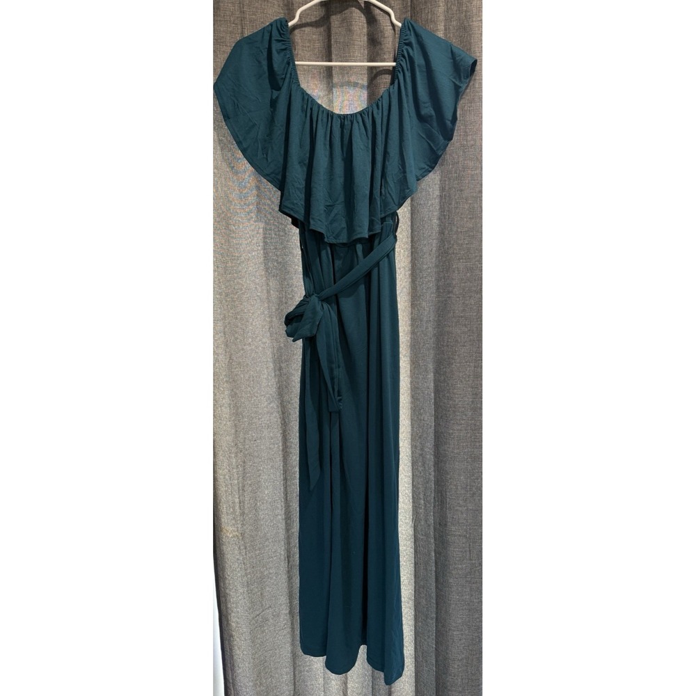 PINUP FASHION Teal Off Shoulder Ruffle Maxi Dress Tie Belt Size‎ 14W NWT